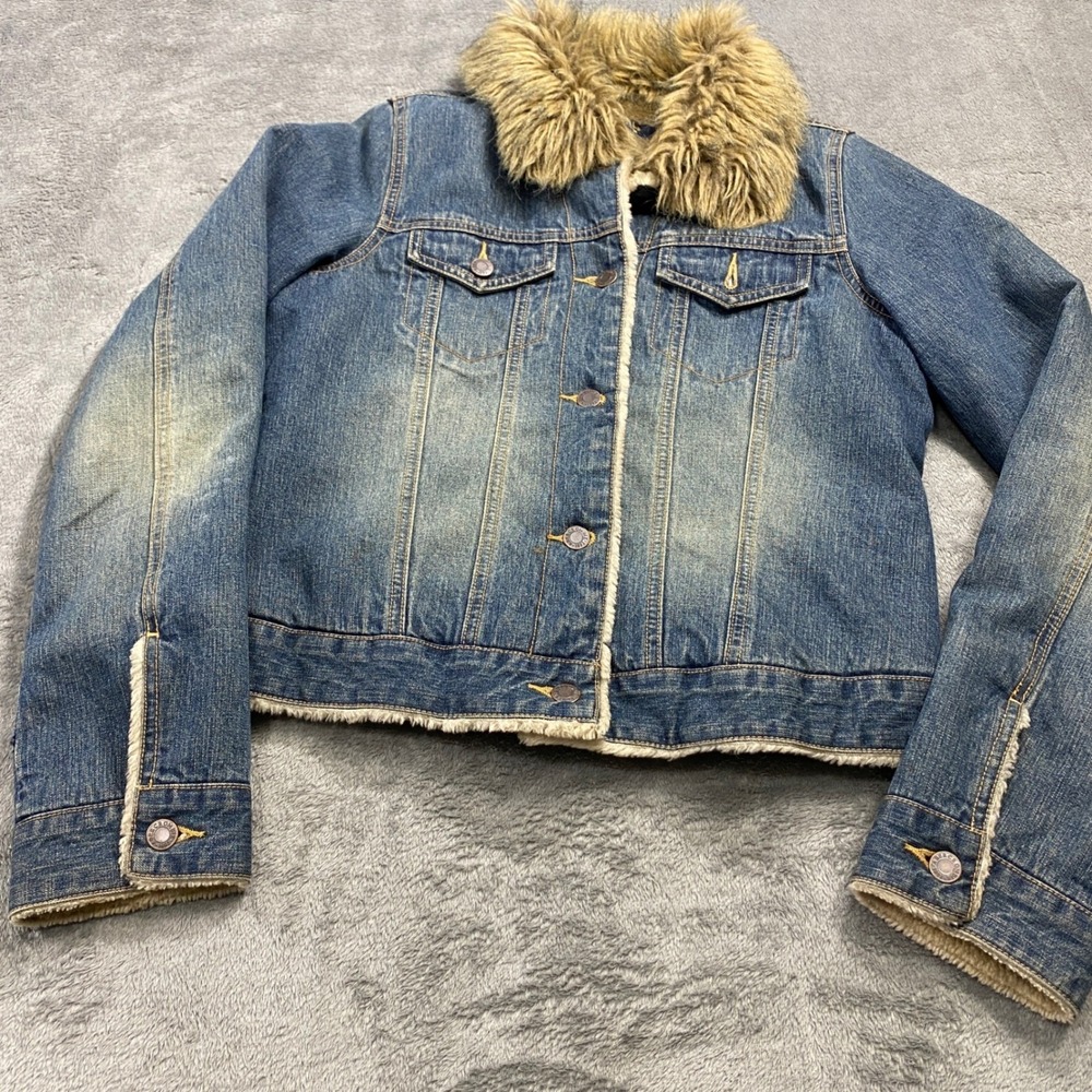 Abercrombie & Fitch Denim Jacket Womens L Blue Faux Fur Lined Trucker Sherpa